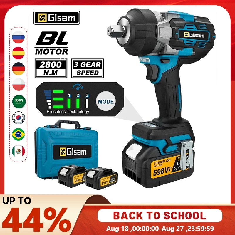 GISAM Bürstenloser Elektrischer Schlagschrauber 2800N.m 1/2 Zoll Kabelloser Schraubenschlüssel Elektroschrauber Bohrmaschine kompatibel mit Makita 18V Akku Pin