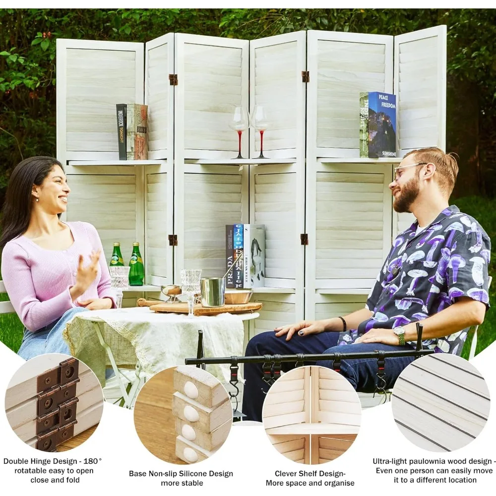 Partition Room Dividers, Folding Wood Privacy Screen with Three Display Shelves Suitable for Home Office, Study, Art Display - 6 4