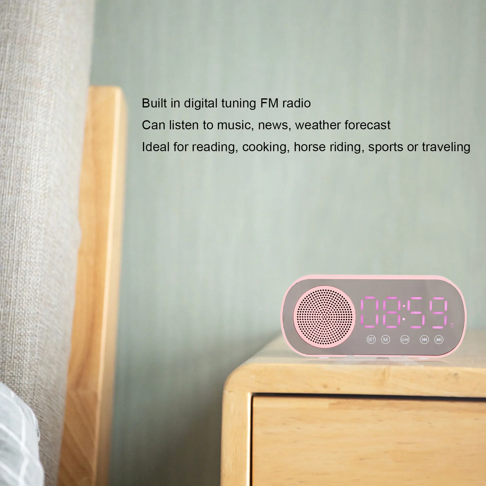 알람 시계 블루투스 스피커 FM 라디오 미러 시계 HIFI USB 충전 LED 디스플레이 휴대용 핑크 1600mAh 여행용