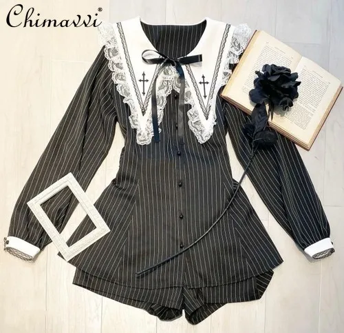 Embroidered Black Suit Mass-Produced Japanese Rojita Lolita Tops Single-Breasted Shirt + Shorts Two Piece Sets Womens Outifits