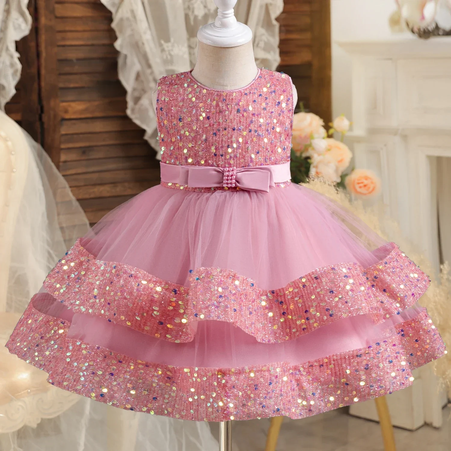 Babyhug Sleeveless Sequinned Party Wear Dress - Peach