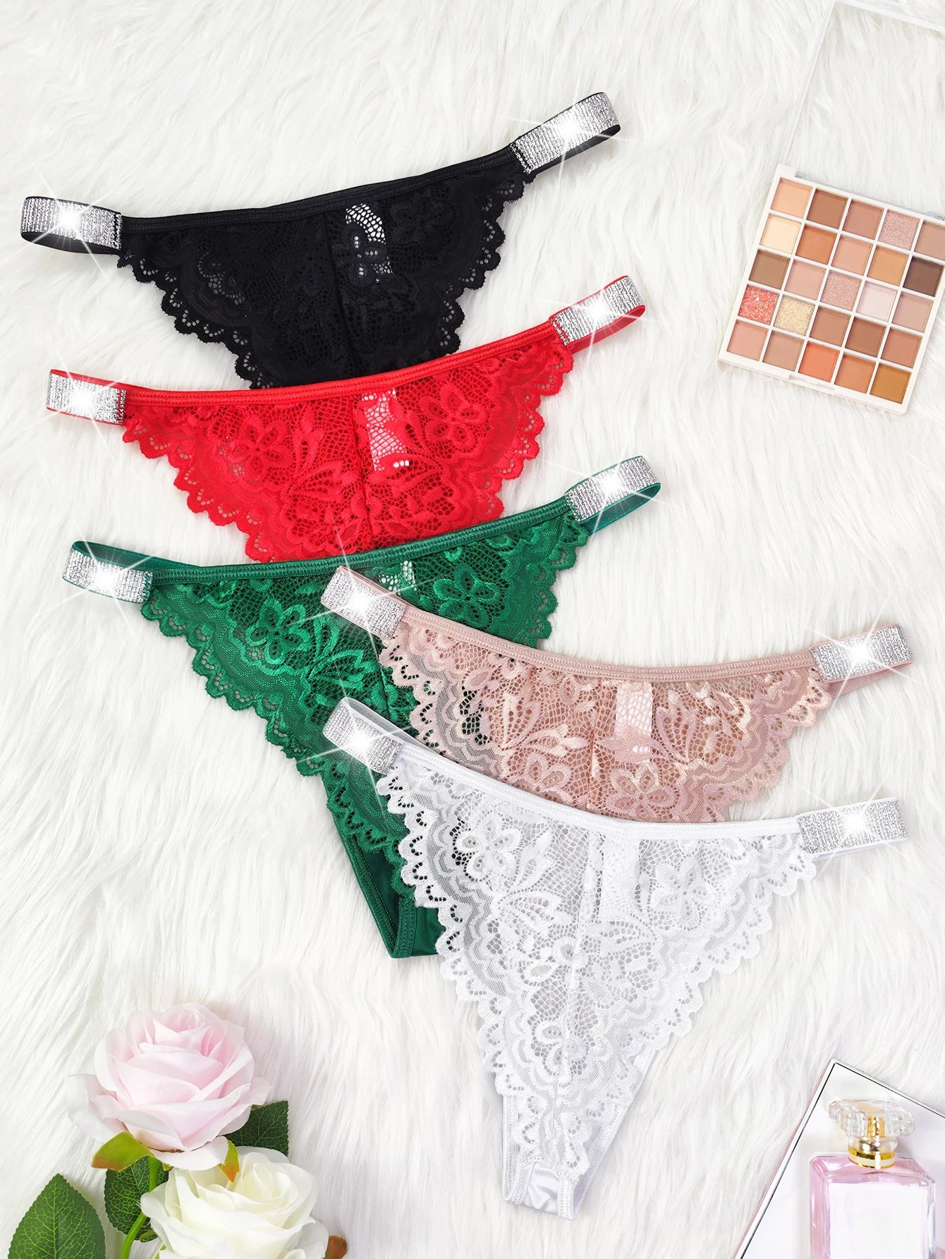 5pcs Sexy Embroidery Lace Woman Panties Low Rise Perspective Floral Lady Briefs Silver Ribbon Breathable Underwear Female Panty