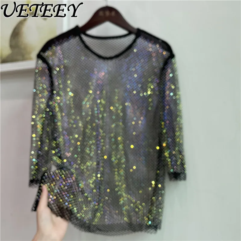 

Summer Cutout All-Matching T-shirt Shiny Colorful Crystals Mesh Sexy Girls Clothes Round Neck 3/4 Sleeves Top for Women
