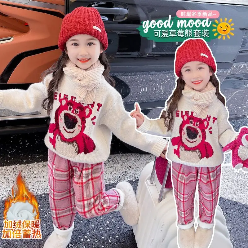 

Miniso Lotso Anime Children Comfortable Sweater Set Autumn Winter Girl Cartoon Cute Casual Velvet Pants Kawaii Two Piece Set