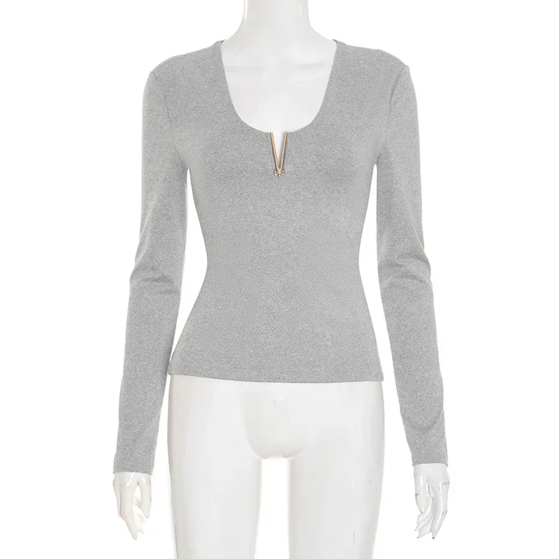 Fashion Spring and Autumn Deep V-Neck Metal Buckle Women's Long Sleeve T-Shirt Elegant Slim Fit Solid Color Waist Casual Top