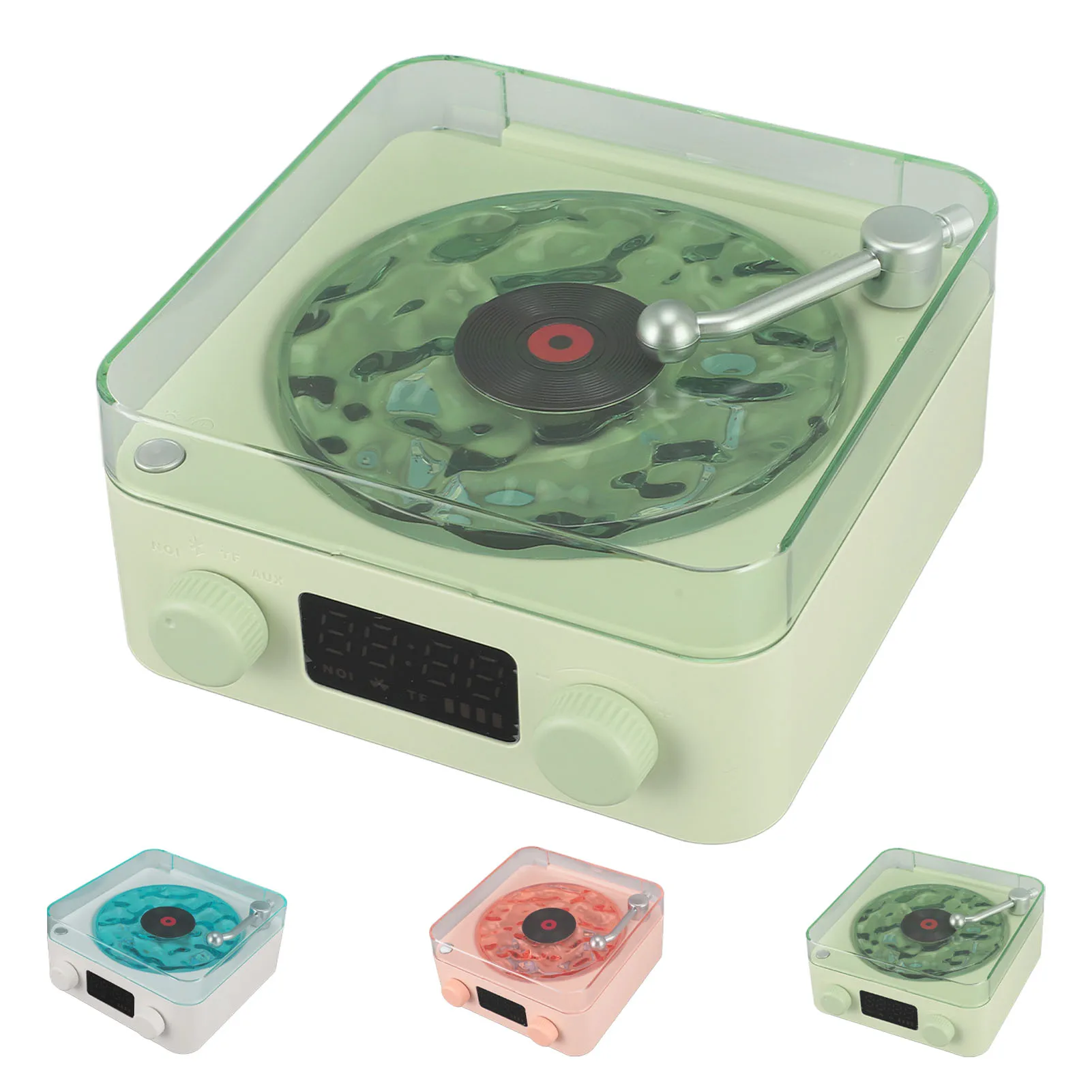 Record Player Style Bluetooth Speaker with Night Light and Time Display 3 in 1 Multifunction Small Stereo Wireless Speaker