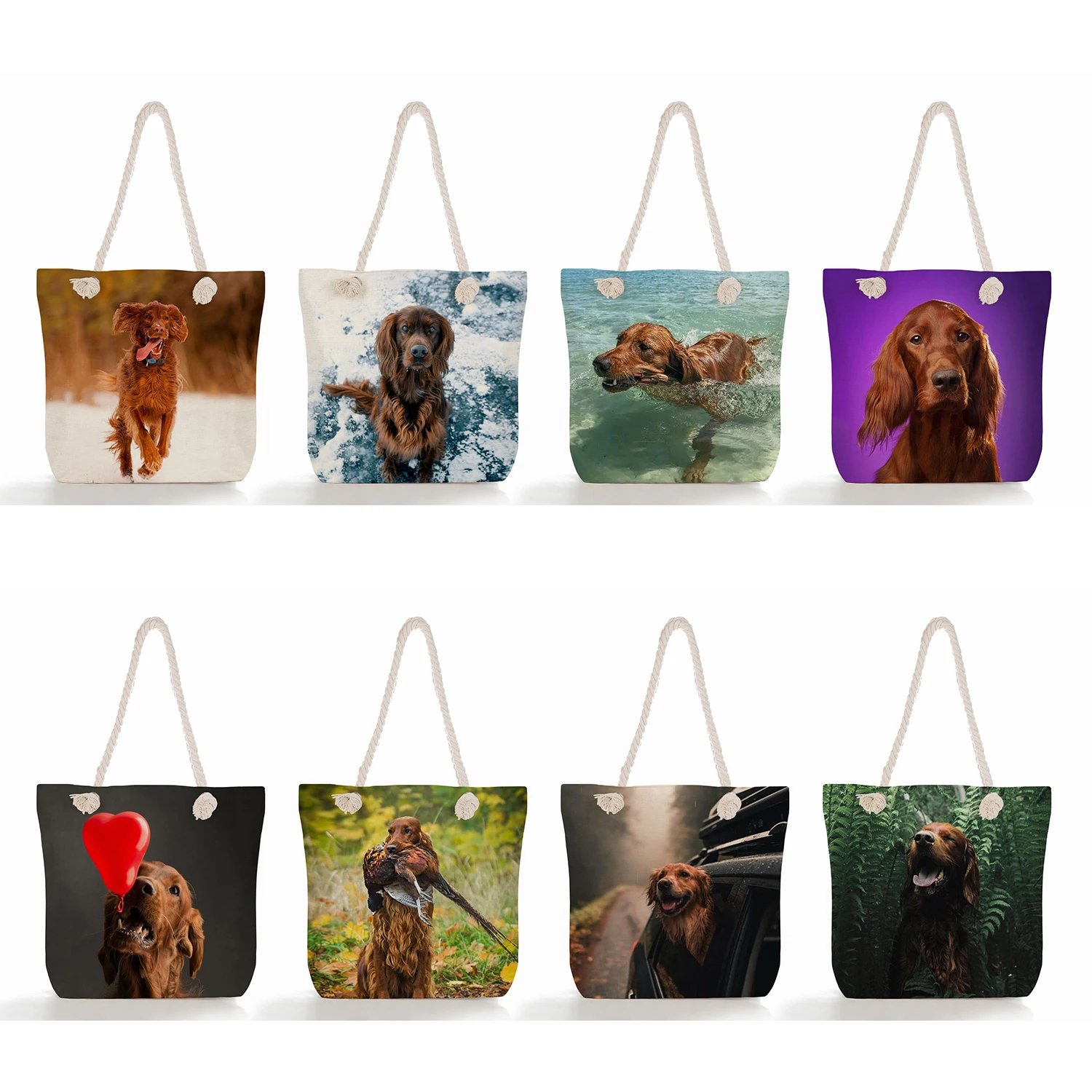

Cute IrishSetter Print Polyester Handbags Casual High Capacity Women Shopping Tote Bags Dog Graphic Travel Thick Rope Beach Bags