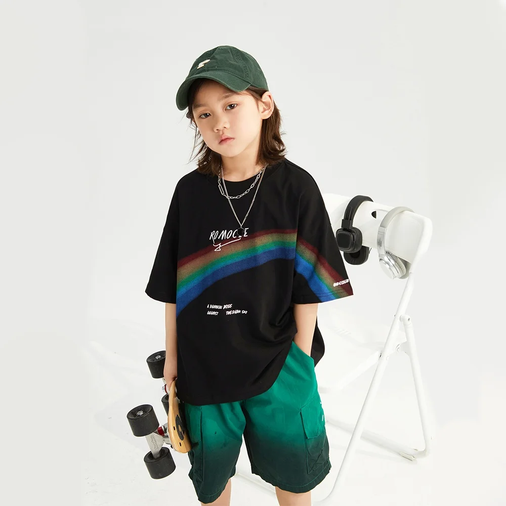 

Rainbow Graphics T-shirt for Boy's Short Sleeve Top Summer Cotton Tees Versatile Child's Casual Clothing Trend Son Brother Wear