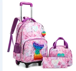 School Rolling Backpack bag set lunch bag pen bag for girls School trolley backpack school wheeled backpack bookbag with wheels