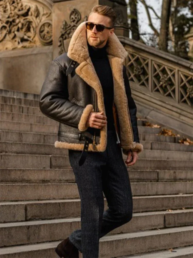 Thickened Heavy Craft Men's Integrated Long Sleeve Fur PU leather bomber Coat korean fashion clothing winter jacket men techwear