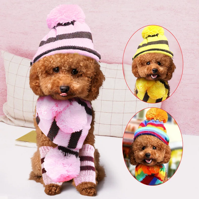 Rainbow Stripe Knitted Dog Scarf Winter Warm Hat Footwear Sloves 1 Set(hat + scarf + leg Warmers) Pet Clothes Accessories dog costume set