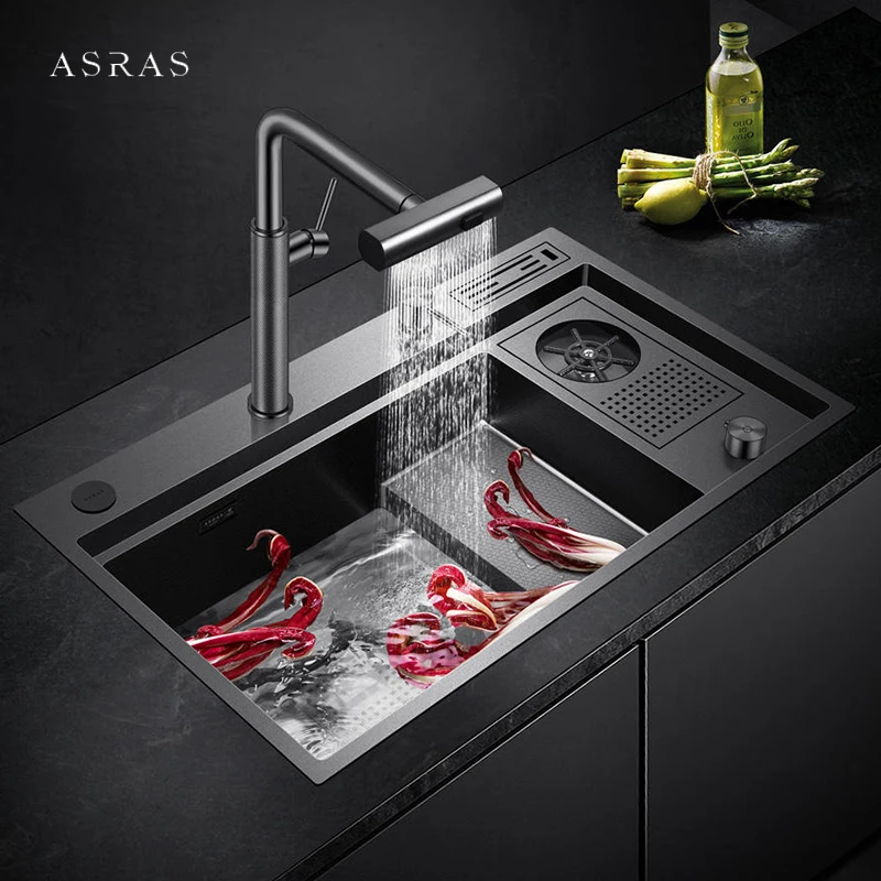 New Nanometer Honeycomb Embossing Step Handmade kitchen Sinks Waterfall Faucet Cup Rinser Large Size kitchen Sinks