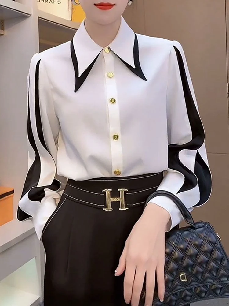 Autumn Winter Elegant Chiffon Shirts Women Blouses Korean Fashion Clothing Simple Office Ladies Puff Sleeve Tops Women All-match