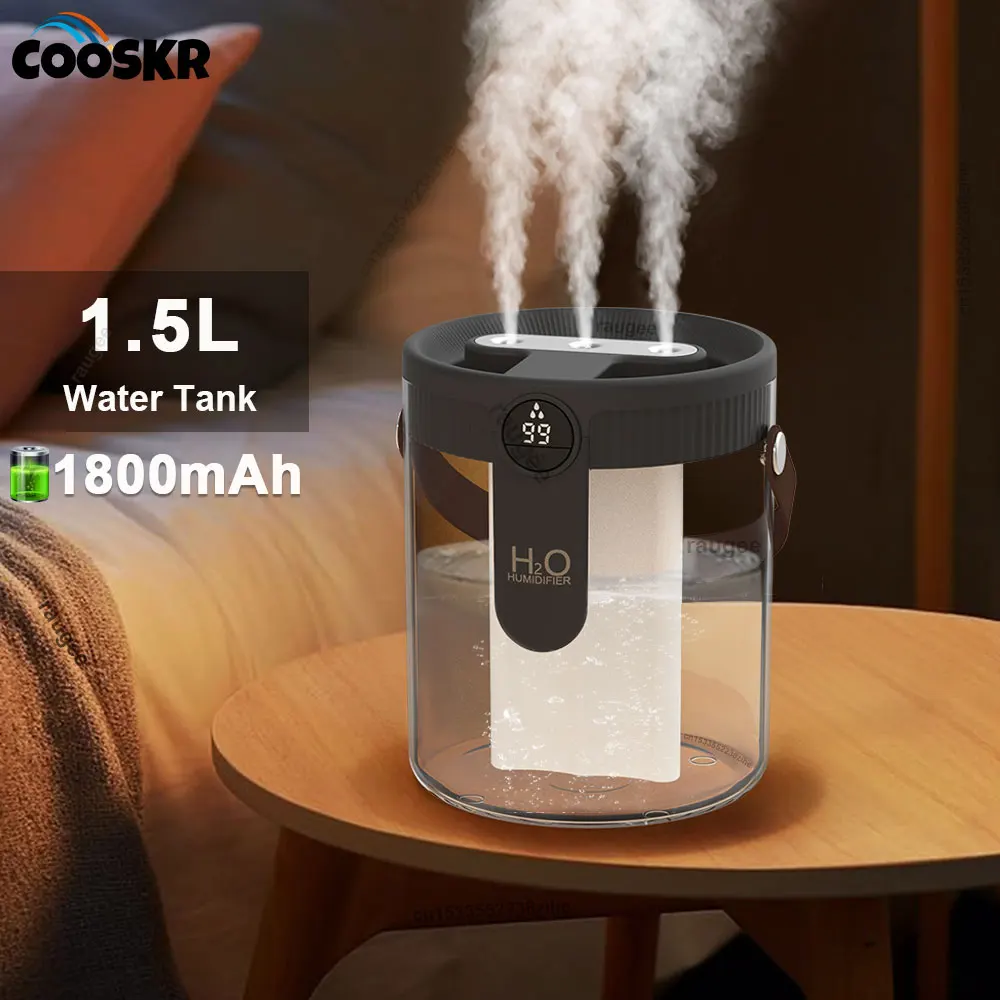 1.5L Air Humidifier Large Capacity Home Humidifier Silent Mist Maker 1800mAh Battery USB Rechargeable Humidifier with LED Light 1