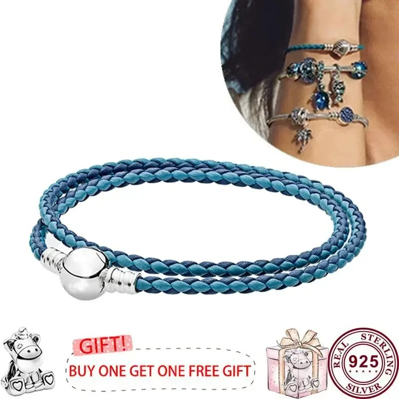 New Hot 925 Sterling Silver Exquisite Woven Leather Rope Original Women's Logo Double Loop Bracelet Wedding DIY Charm Jewelry