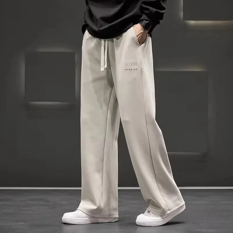 Men's Knitted Sports Pant Autumn New Men Knitted Sports Pant Steel Stamp Printing Wide Leg Casual Trousers Straight Solid Lightweight Cotton Fabric Unisex