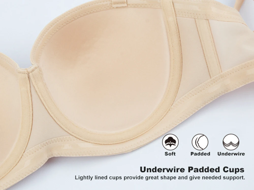 Sheroine Plus Size Strapless Push Up Bra, Underwire Multiway Full Coverage Lightly Padded Bras for Large Breasts Support Comfort