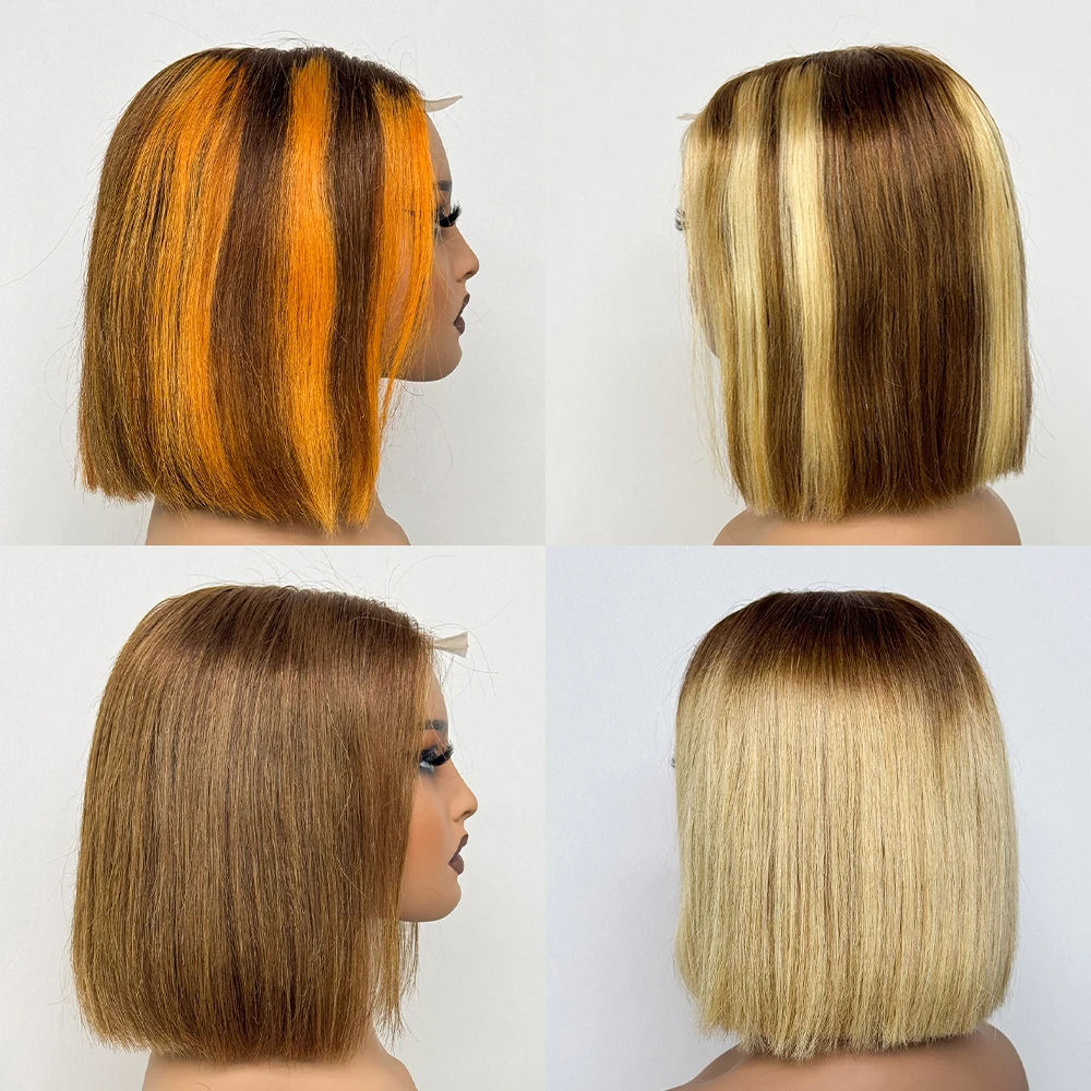 Double Drawn Bone Straight 100% Human Hair Wig 2x6 Lace Closure Colored 250% Density Short Bob Remy Hair Wigs for Black Women