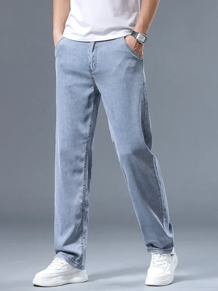 Ultra-thin Lyocell Men's Jeans Summer Breathable Soft Straight Loose Trousers Business Casual Ice Silk Denim Pants Light Blue 5