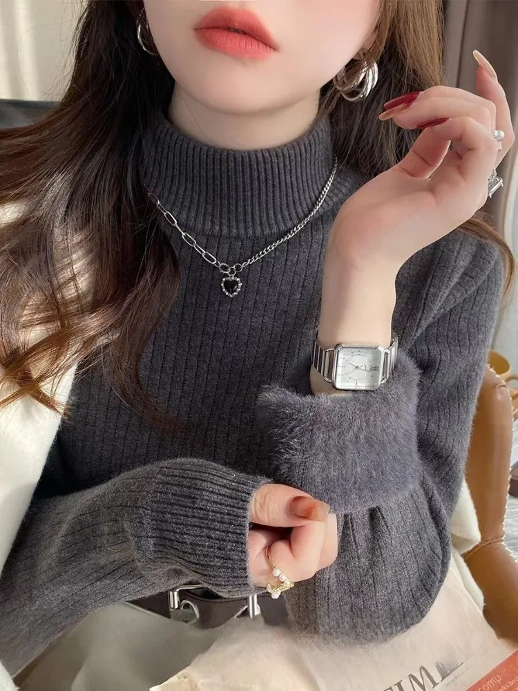 Autumn and Winter Warm Integrated Velvet Women's Half Hight Collar Long-sleeved Slim-fit Sweater Knitwear Casual Bottoming Shirt