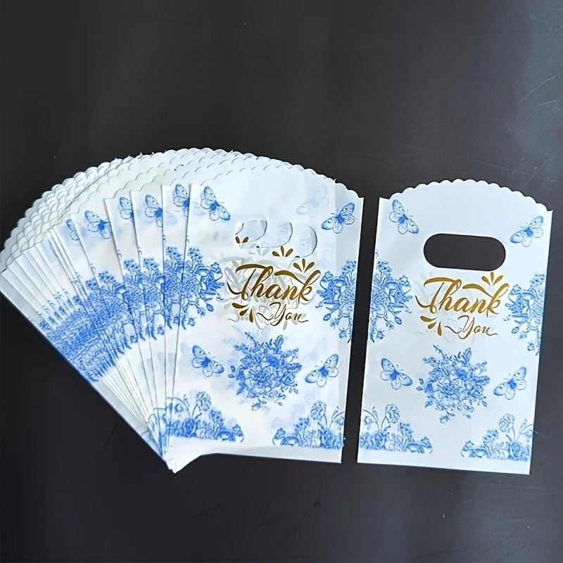 Elegant Blue Butterfly Floral Gift Bags with T-Shaped Handles