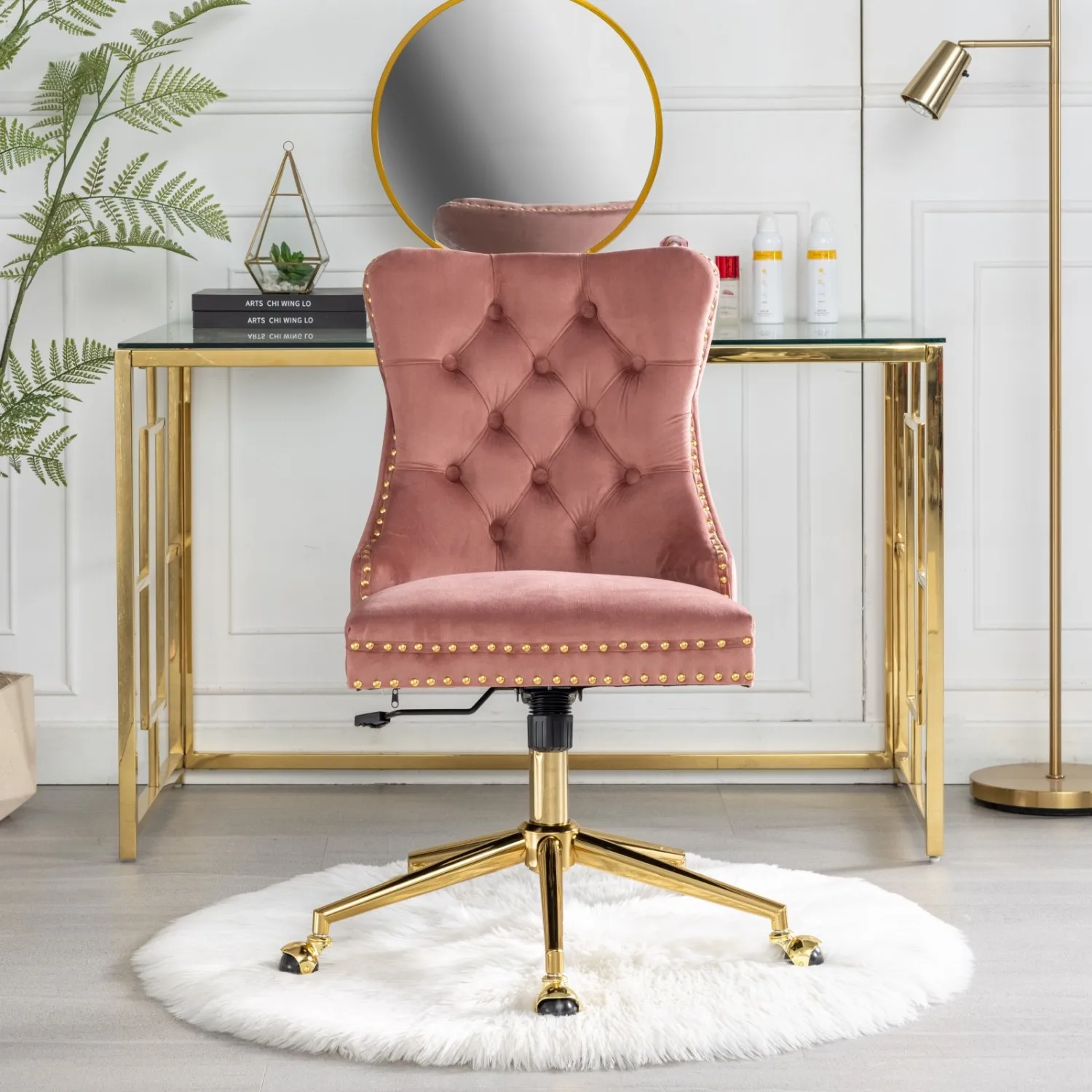 

Elegant Velvet Upholstered Tufted Button A&A Furniture Office Chair in Pink, Adjustable Swivel Desk Chair for Home Office with G