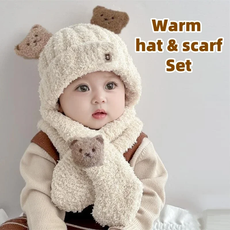 Plush Cute Bear Baby Hat Scarf Set Warm Ear Protection Hat Neck Warmer Winter Thickened Knitted Scarf For Kids Baby Toddler