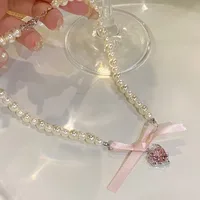 Kpop Goth – collier ras du cou avec nœud en ruban rose, Imitation de perles, Y2K, doux et mignon, pendentif en forme de cœur, chaîne de clavicule, bijoux Lolita pour filles 4