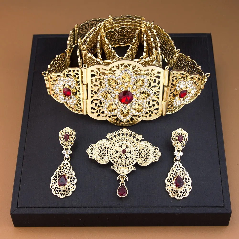 Gold Farbe Neujahr Marokko Kaftan Gürtel Ohrring Brosche Für Frauen Kristall Filigran Stil Traditionelle Arabisch Braut Hochzeit Bijoux – Detail 3