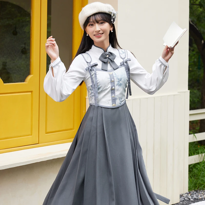 

Новое платье с длинным рукавом, улучшенный жилет с принтом в китайском стиле, женская одежда, костюм для фестиваля, одежда серого цвета Hanfu DQL7573