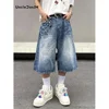 Lightning Patterned Jorts Loose Cropped Denim Shorts for Men Women's Y2k Distressed Calf-length Pants 1