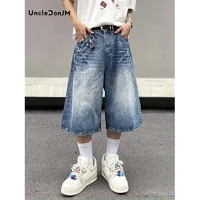 Lightning Patterned Jorts Loose Cropped Denim Shorts for Men Women's Y2k Distressed Calf-length Pants 1