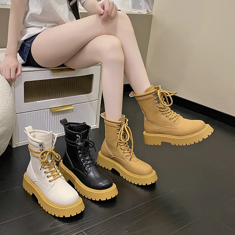 

Lace-up Platform Motorcycle Boots Women 2022 Autumn Thick Bottom Non-slip Ankle Boots Woman Retro Round Toe Med Heel Booties