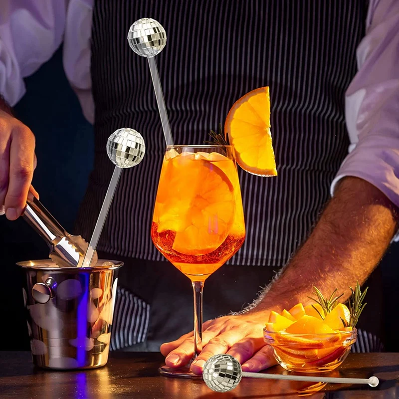 Description Picture 4 of item24 Pcs Disco Balls Cocktail Stirrers Plastic Round Top Swizzle Sticks Cake Mirror Ball Coffee Beverage Stirrers