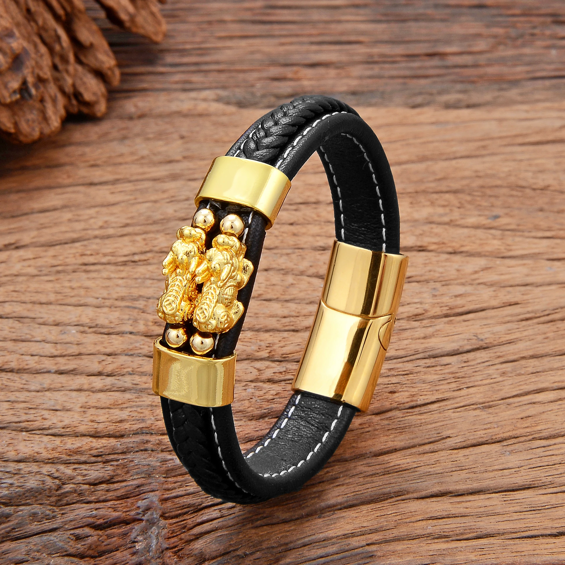 Feng Shui Leather Men's Bracelet Gold Plated Pixiu Luxury Men