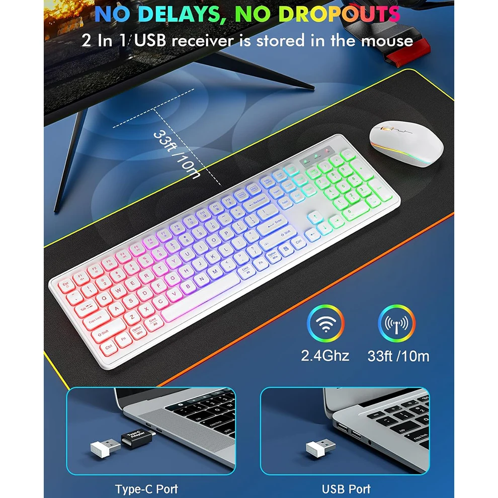 Combo de Mouse e Teclado Retroiluminado Recarregável Full-size Ergonômico 2.4g Silencioso Mac Windowslaptop pc - Imagem 2