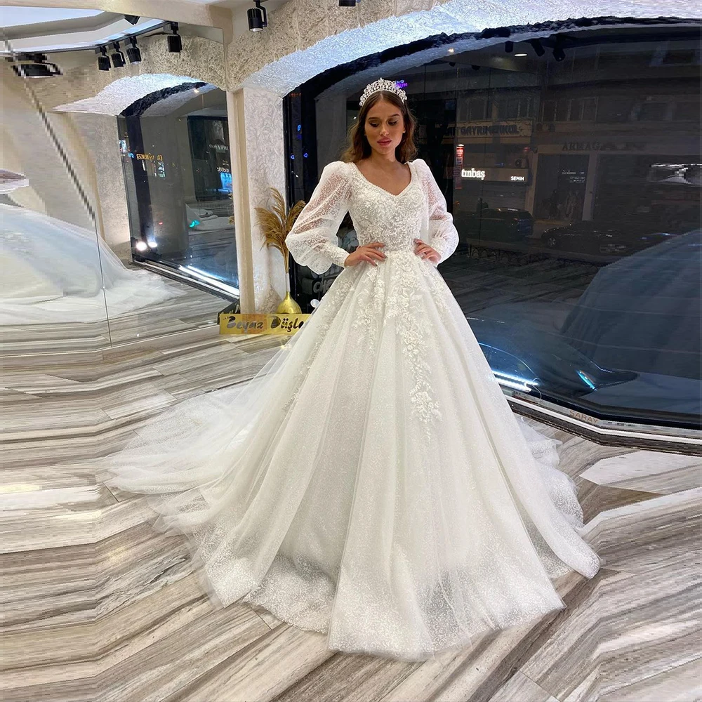 

Fascinating Gorgeous Lace Sparkly Square Collar Mopping Wedding Dresses 2023 Sparkling Luxury Long Sleeve Princess Bridal Gown