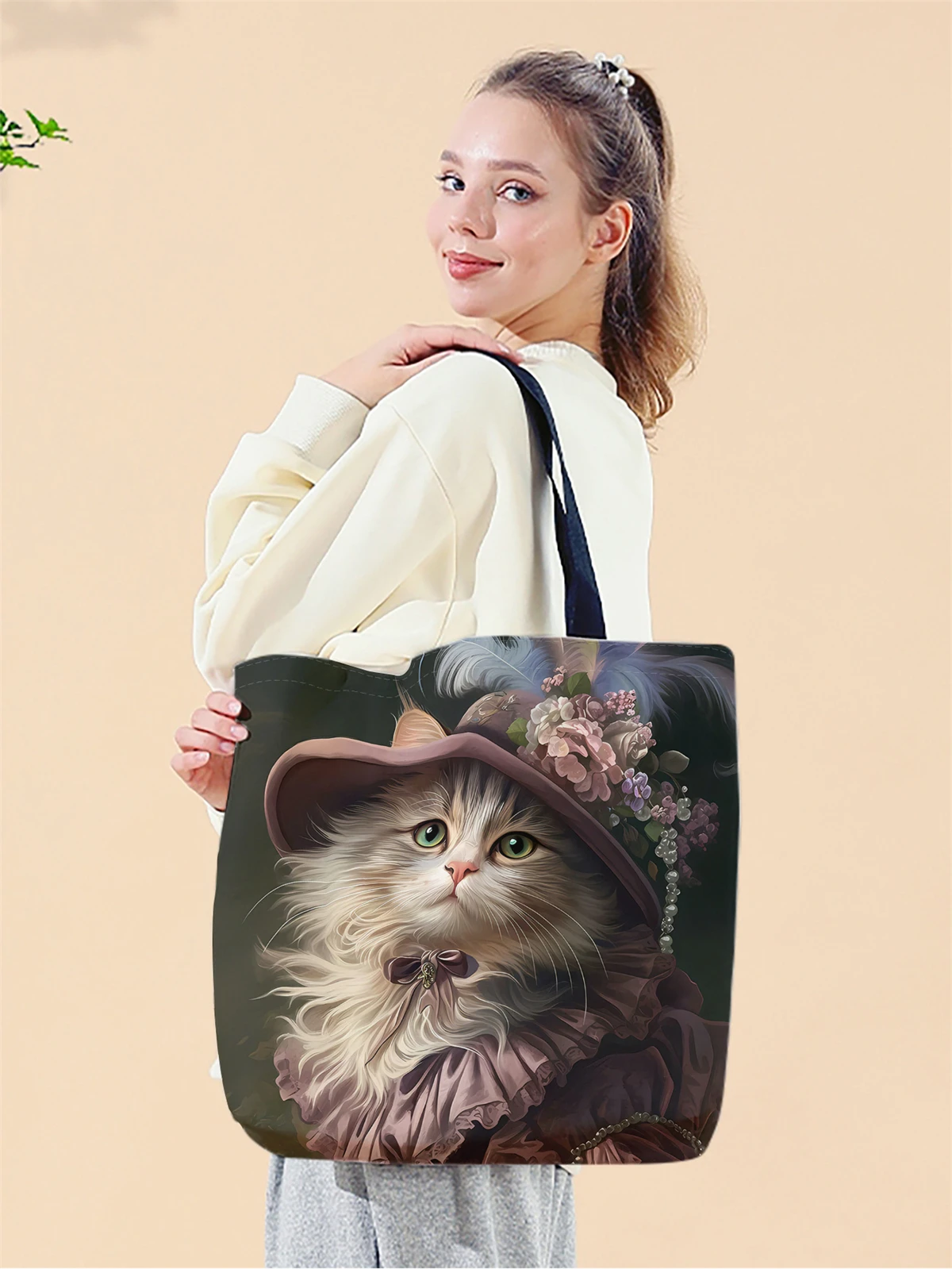 1pc,artistic cat handbag, reusable fashionable handbag, multifunctional handbag, printed canvas shopping bag