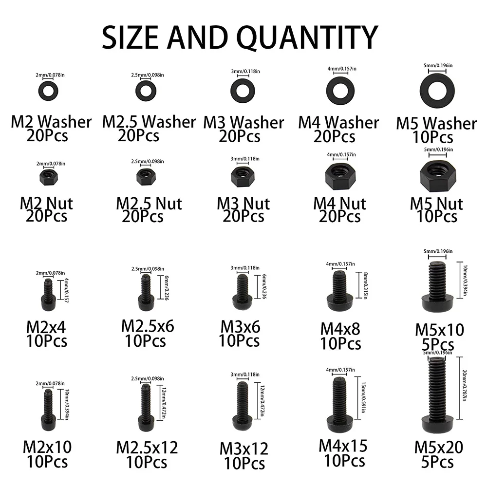 Screw Bolt Nut Set Screw Washer Nut Kit 270Pcs Metric M2 M2.5 M3 M4 M5 Nylon Phillips Pan Head Screws Nut Washer Assortment Kit