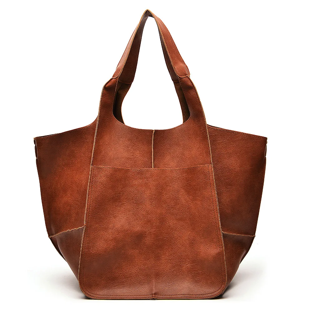 

Casual Soft Large Capacity Tote Women Handbags Designer Aged Metal Look Luxury Pu Leather Shoulder Bag Retro Big Shopper Purses
