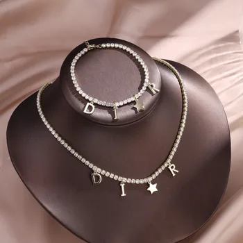 Women's Fashion Zircon Inlaid Letter Star Pendant Bracelet And Necklace Set Simple Luxury Jewelry Gift Accessory 1