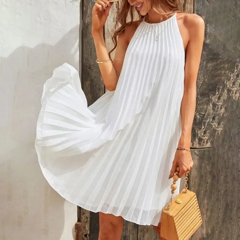 2024 Sexy Straps Mini Sundress Celmia Women Sleeveless Pleated Dress Party Summer Casual Loose O Neck Short Robes Oversize Dress