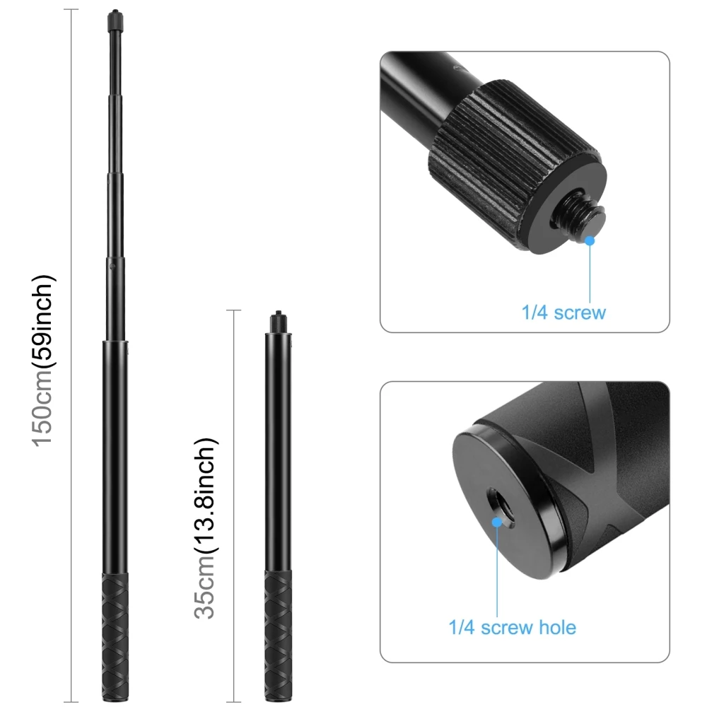 Puluz-vara de Metal Selfie Monopé com Adaptador Invisível Base e Parafuso para Insta360 One rs x2 x3 150cm 110cm 70cm - Image 2