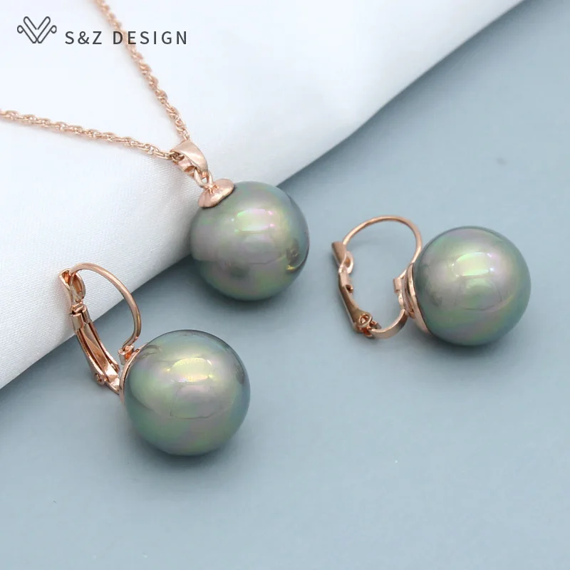 S&Z DESIGN New Fashion Round Simulated Pearl Dangle Earrings Jewelry Sets For Women Wedding 585 Rose Gold Color Necklace