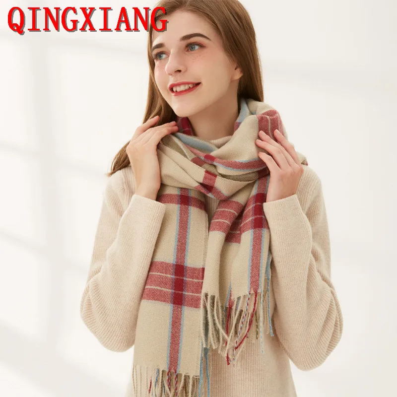 

6 Colors 2022 Japan Korea Outside Street Striped Houndstooth Scarf Winter Fashion Warm Ring Women Faux Cashmere Pashmina Shawl