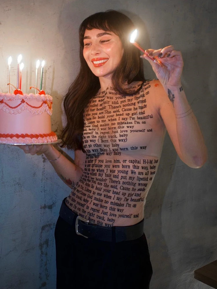 Mesh Letter Printted T-shirt Women O-Neck See Through Sexy Tank Tops With Golve High Street Basic Slim Y2K Top Tee Shirts