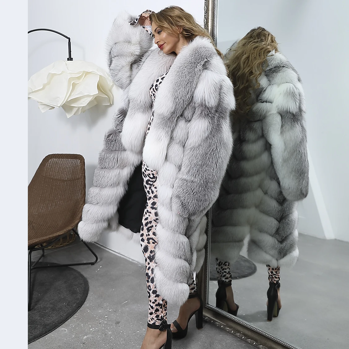 Beautiful long crystal fox fur coat