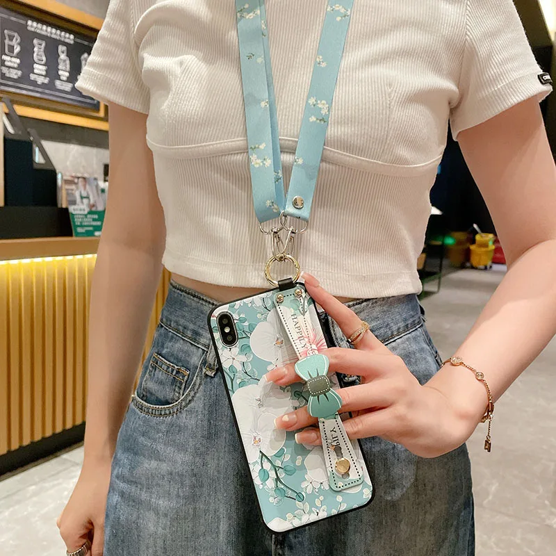 Floral Crossbody Lanyard Phone Case with Bow Design and Adjustable Neck & Wrist Strap