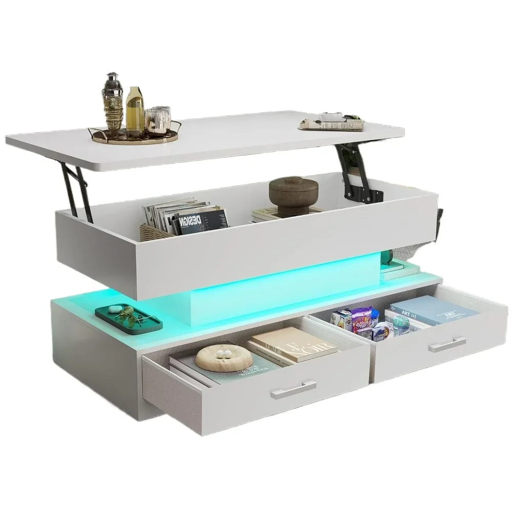 Lift Top Coffee Table, Coffee Tables with Storage for Living Room, Small Coffee Table with 2 Fabric Drawers & LED Light 6