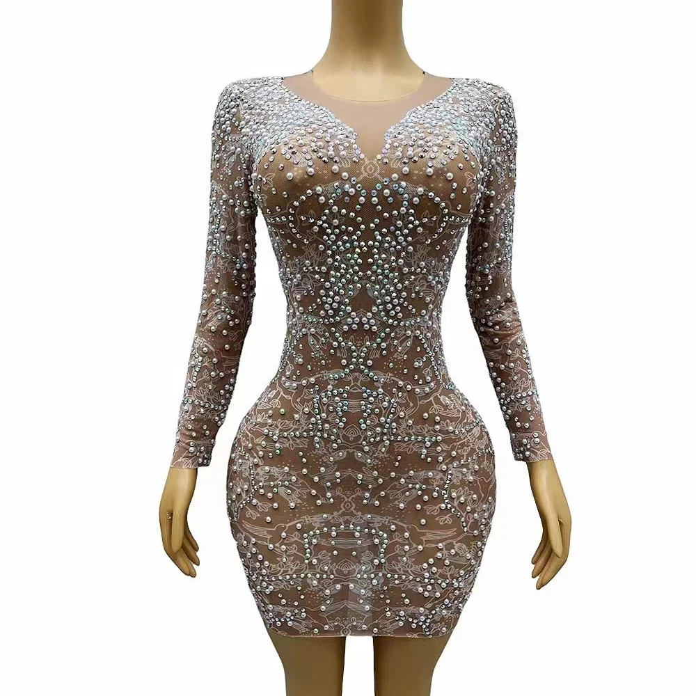 

Sexy Stage Sparkly AB Rhinestones Nude Shining Dress Wedding Birthday Transparent Mesh Costume Evening Club Photoshoot Dress